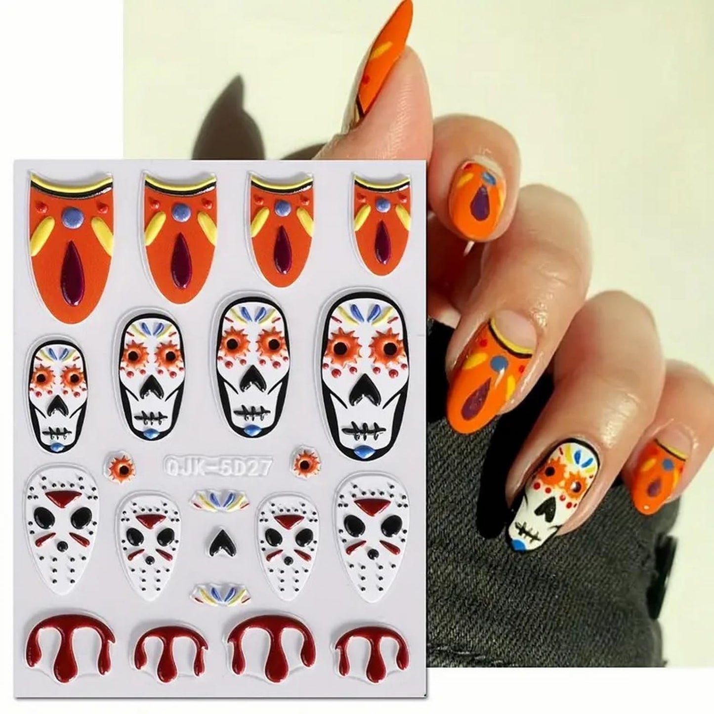 Halloween Nail Art Stickers 5D Embossed Scary Ghost Nightmare 3D Self-Adhesive Nail Decals Terror Scar Mask Designs Nail Supplies Halloween DIY Manicure Decorations for Women