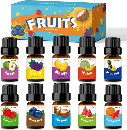 Fruity Fragrance Oil for Candle & Soap Making, Holamay Premium Fruit Essential Oils, 10 x 5ml - Coconut, Strawberry, Mango, Pineapple and More Diffuser Oil Scents, Summer Aromatherapy Oils Set