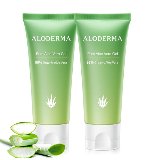 Aloderma 99% Organic Aloe Vera Gel Made within 12 Hours of Harvest, Easy Travel Size Tube for Body, Face, & Scalp, Cooling & Soothing Support for Skin & Sunburn, Hydrating Aloe Gel, 1.5oz - 2ct