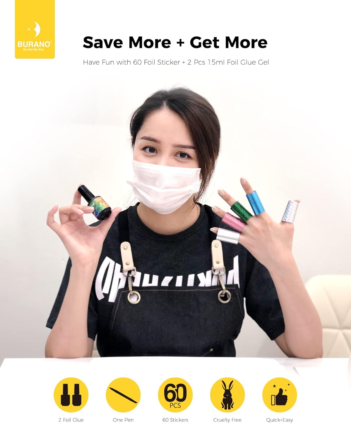 BURANO Nail Art Foil Glue Gel, 15ML 2 Bottles with 60PCS Foils Sticker, Nails Designer Adhesive Transfer Art UV LED Lamp Required