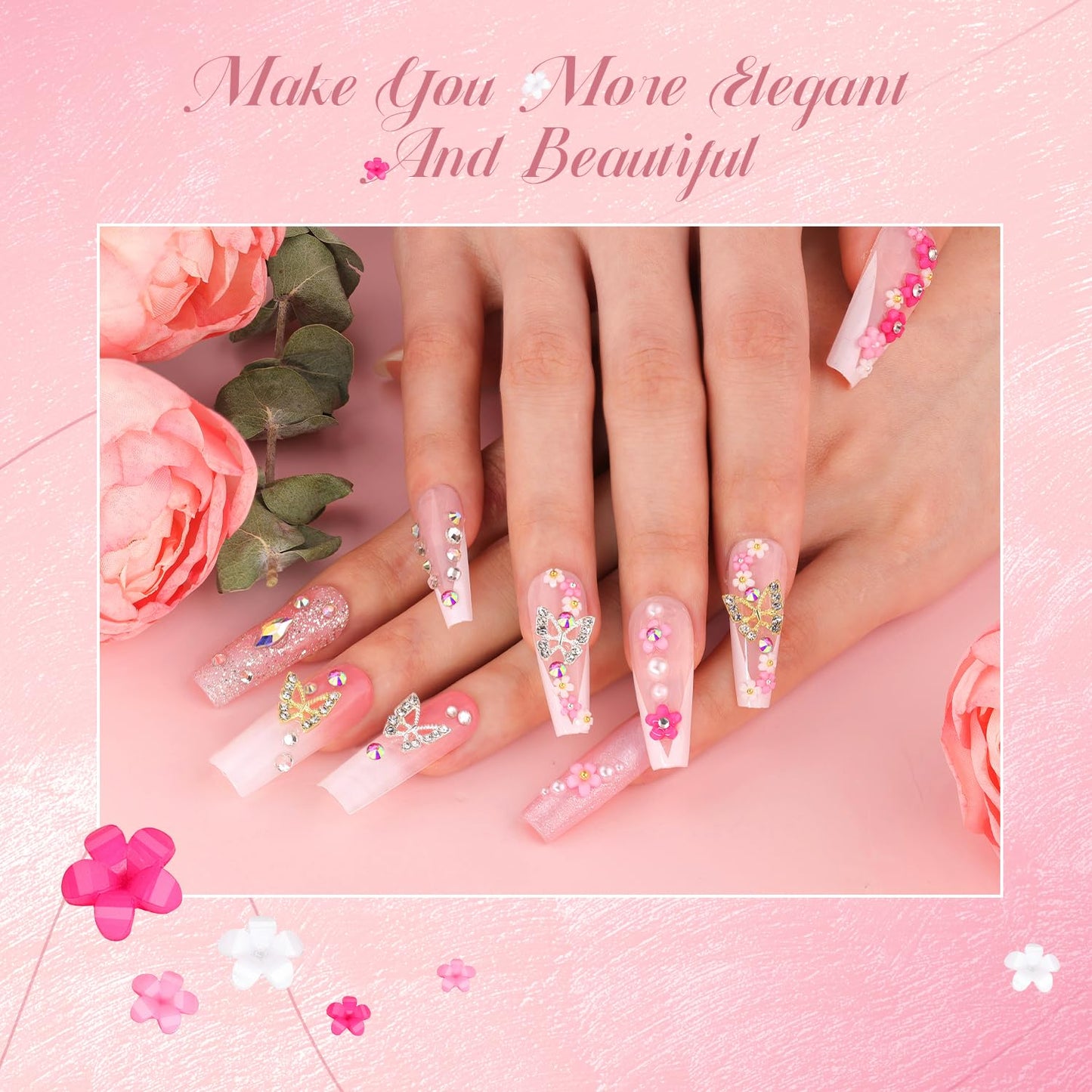 3D Nail Charms and Gems Set 1, 20PCS Gold and Silver Chunky Butterfly Charms With Rhinestones, 3D Flowers, Flatback Crystals, Pearls, Diamonds + Picker Tool for Y2K Nail Decoration