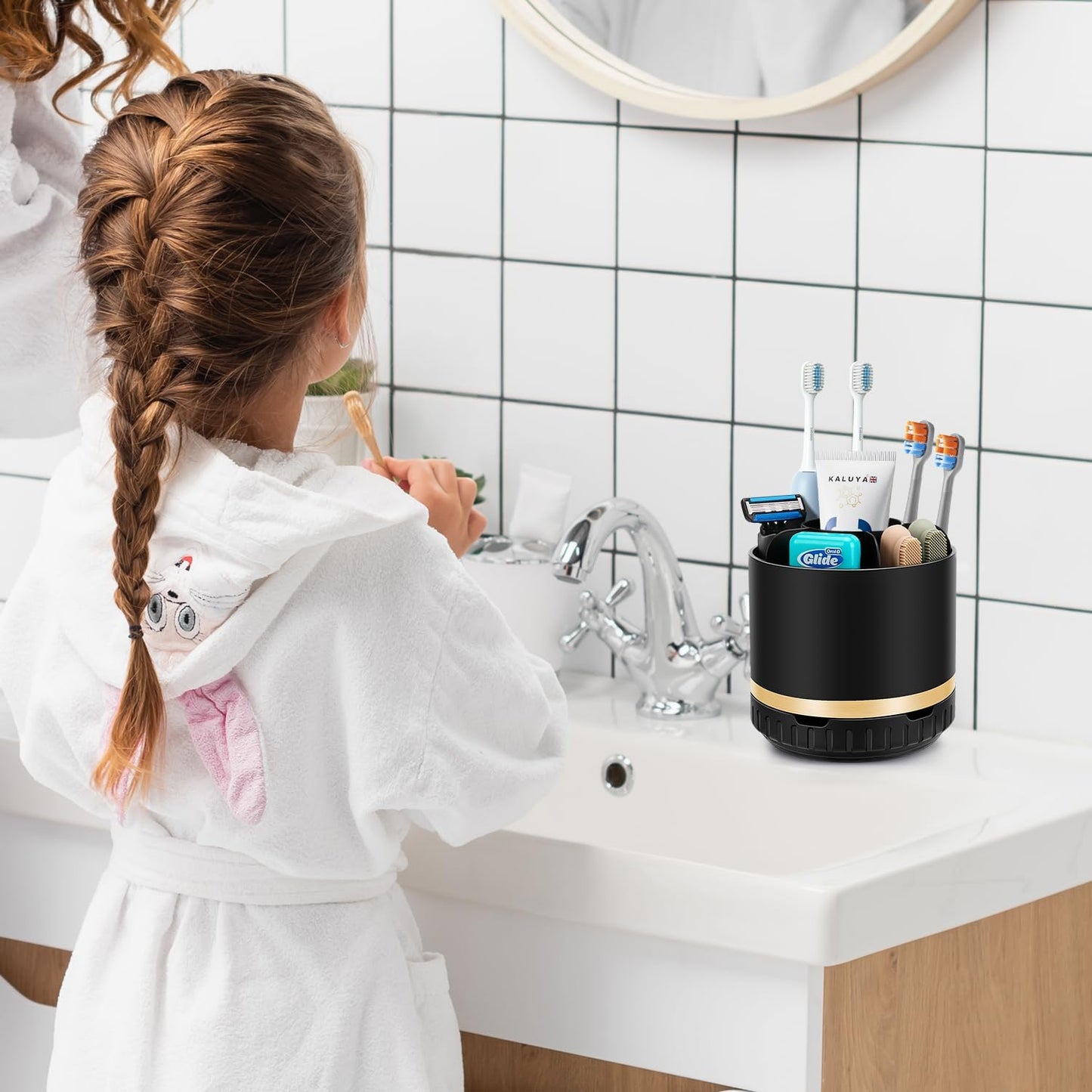 Bathroom Organizer Countertop - Rotating Black Toothbrush Holder for Bathroom Accessories Organization Detachable 6 Slots Bathroom Sink Storage Caddy Vanity Organizer