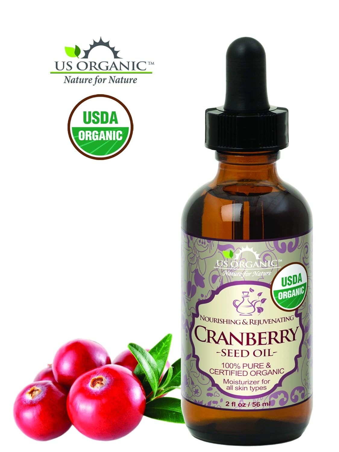 US Organic Cranberry Seed Oil, USDA Certified Organic,100% Pure & Natural, Cold Pressed Virgin, Unrefined in Amber Glass Bottle w/Glass Eyedropper for Easy Application (2 oz (56 ml))