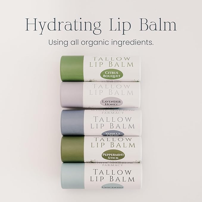 Organic Tallow Lip Balm (Vanilla Crème) from Grass Fed Cows. Super hydrating with Tallow, Olive Oil, Honey, and Beeswax. Sustainable Cardboard Tubes & Hand Filled. Jumbo Size 0.5 oz.
