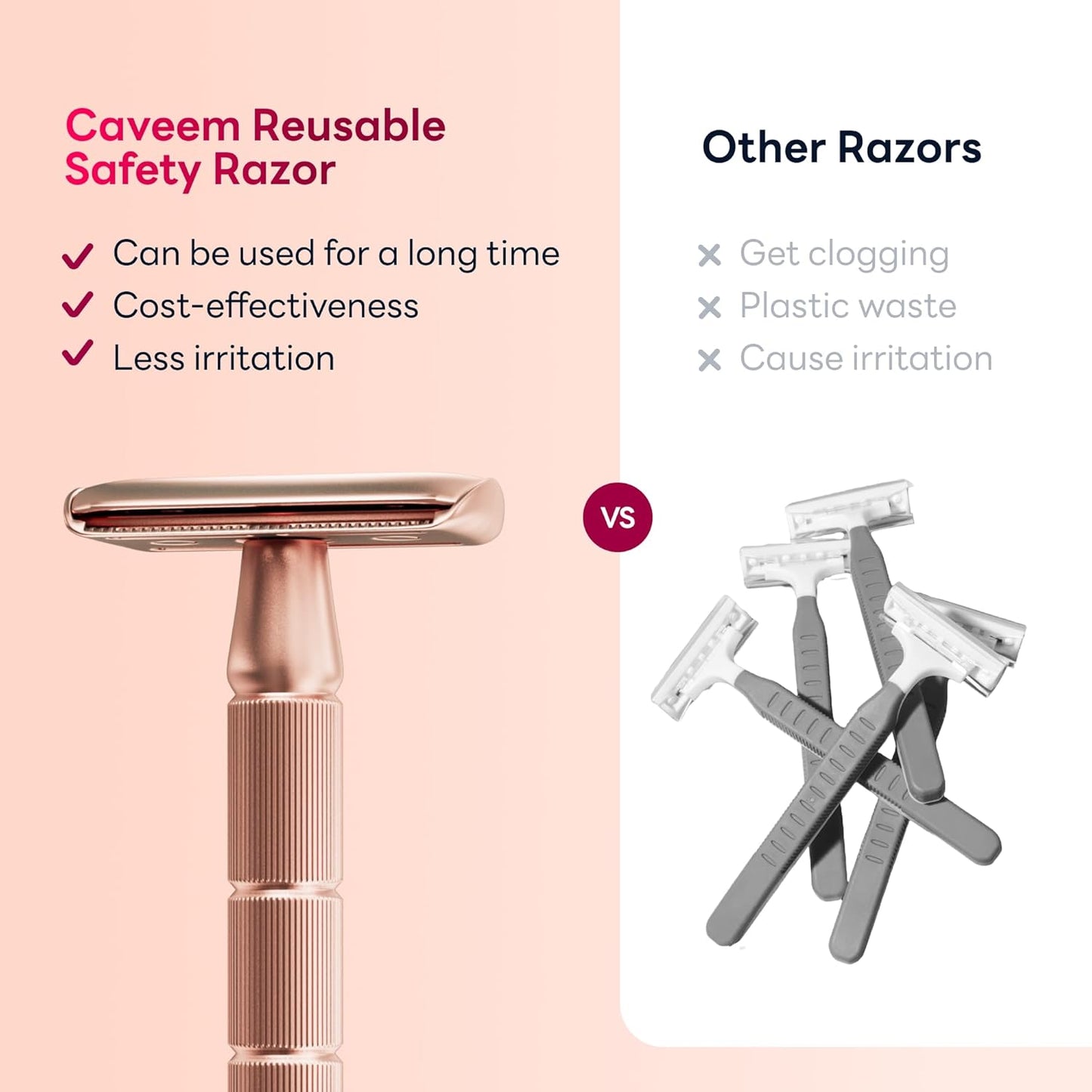 Rose Gold Double-Edge Safety Razor, Single-Blade Razors with 5 Stainless Steel Blades, Reusable Metal Razor for Men and Women