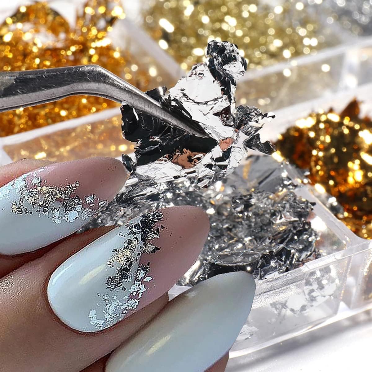 Holographic Nail Foil Flakes 3D Sparkly Aluminum Foil Glitter Sequins Nail Art Supplies Gold Silver Nail Art Foil Glitter Paillettes Line Strip Nail Glitter Flakes for Acrylic Nails Design (6 Grids)