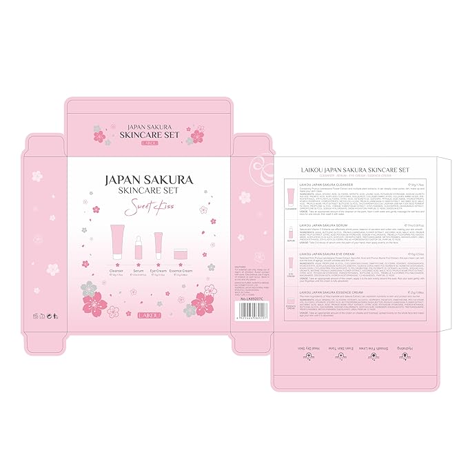 Skin Care Set JAPAN SAKURA Beauty Gift Sets Skin Care Kit with Cleanser, Serum, Eye Cream, Face Cream Travel Kit for Women Mom Wife Teen Girls Gentle Skin Cleaning TSA-friendly Sizes 4pcs