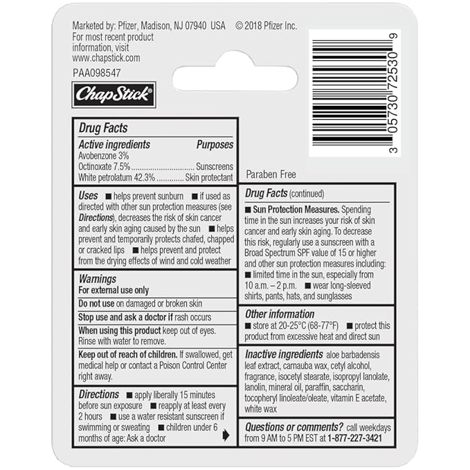 ChapStick Moisturizer Original Lip Balm Tubes, SPF 15 and Skin Protectant - 0.15 Oz (Pack of 3)