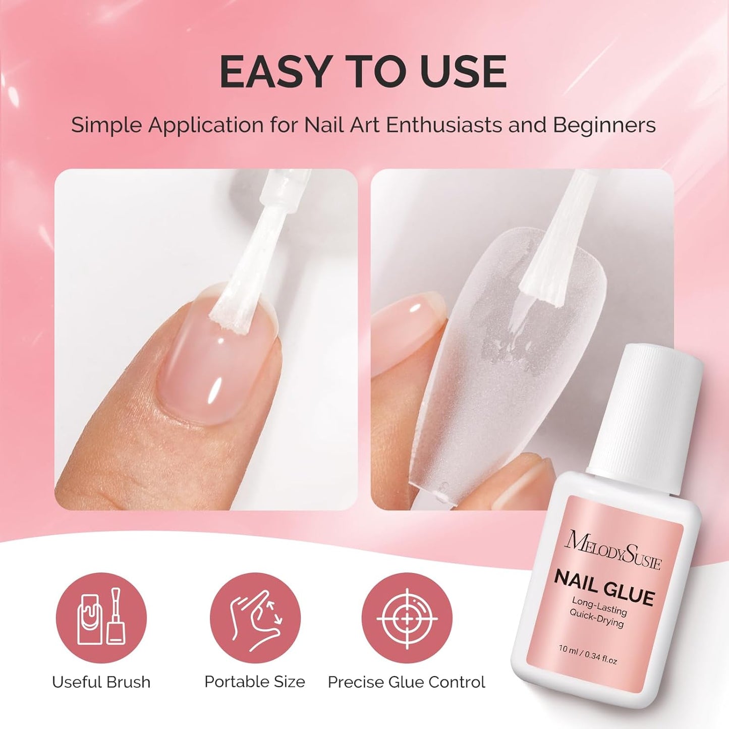 MelodySusie Nail Glue for Press on Nails Acrylic Nail Tips Quick-Drying Super Strong Long Lasting Adhesive for Fake Nails No UV Lamp Needed with Easy Application 10ml