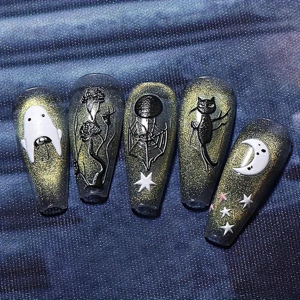 2Pcs Halloween 5D Nail Art Stickers - Black Red Roses Crow Skulls & Black Cats Nail Decals with Stars Design, Self-Adhesive Matte Finish for DIY Nail Decor, Punk Style Party Halloween Decorations