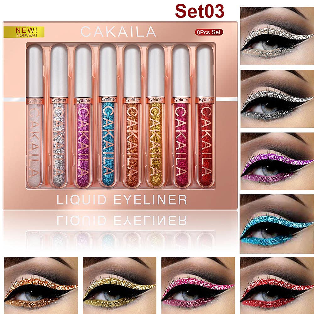 evpct 8 Colors Liquid Glitter Eyeliner Liquid Sets Glitter Eye Liners for Women White Silver Rose Gold Pink Sparkly Shimmer Eyeliner Set