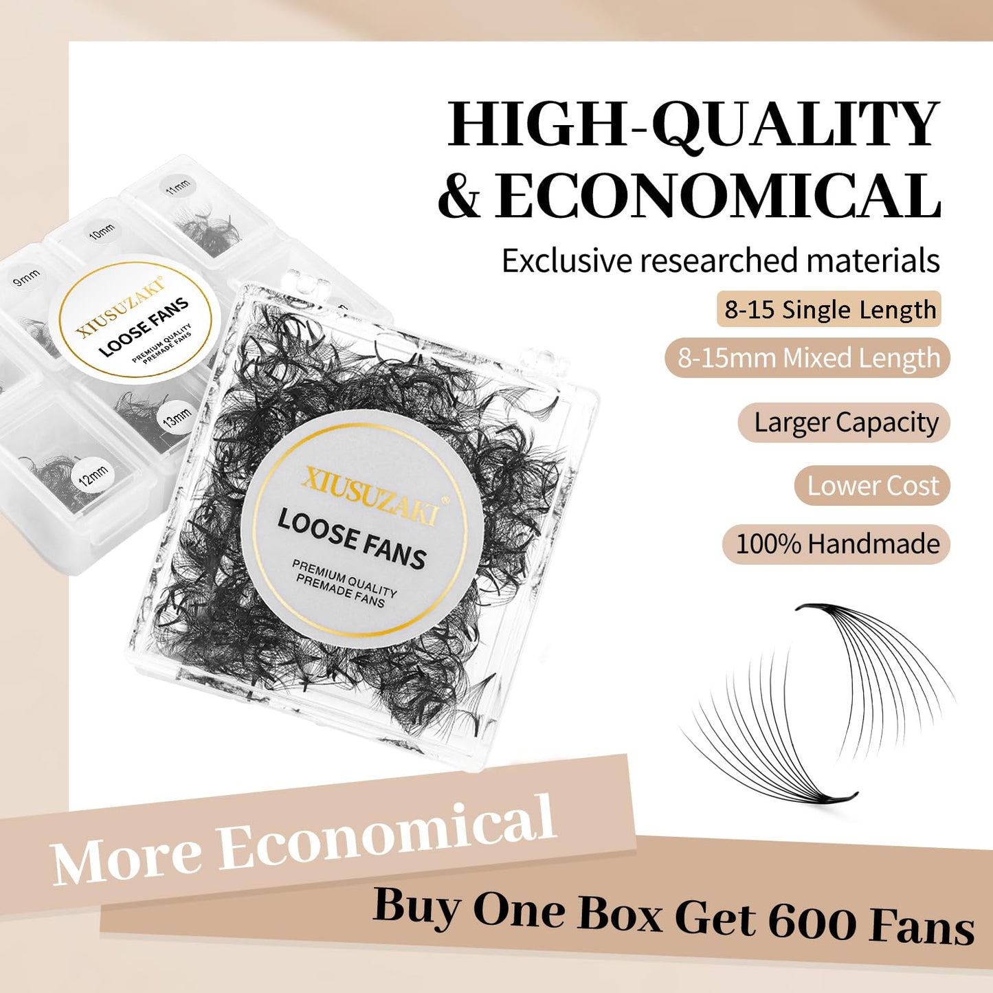 Premade Eyelash Fans - 600 Fans, 10D, 0.07mm Thick, D Curl, 9mm Fluffy, Soft Volume Lash Extensions