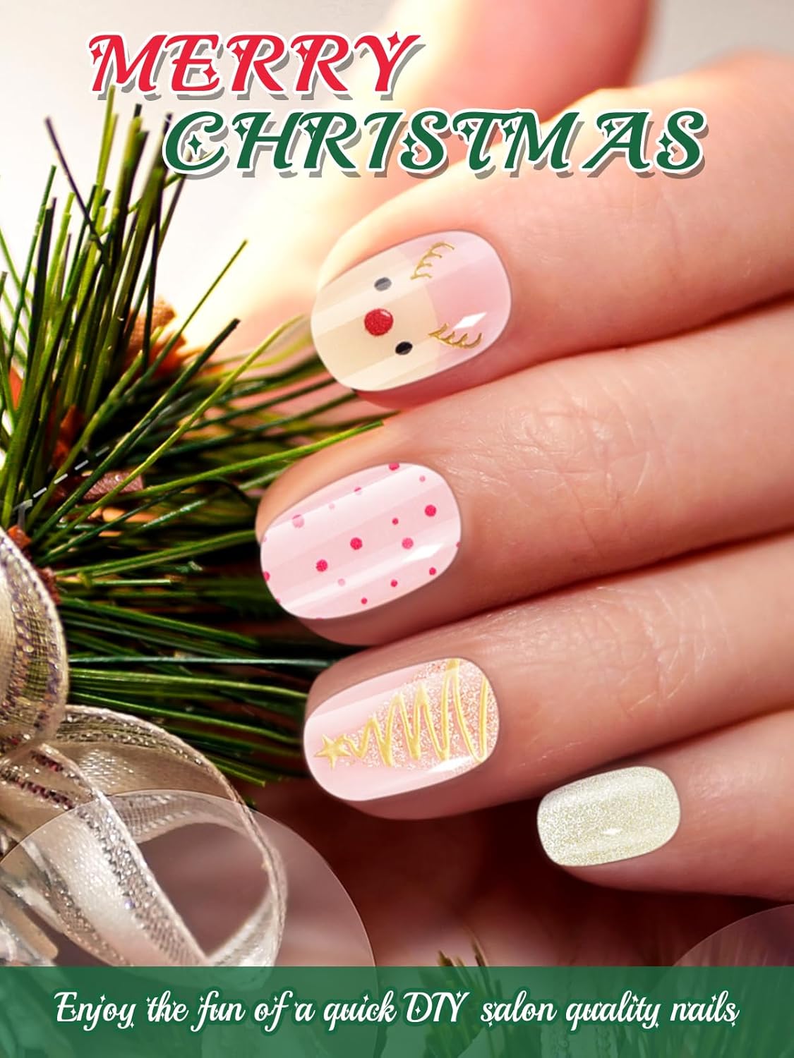 EBANKU 24PCS Christmas Semi-Cured Gel Nail Strips, Christmas Elk TreeAdhesive Gel Nail Art Sticker, Waterproof Gel Nail Wrap Stickers with Nail File and Stick