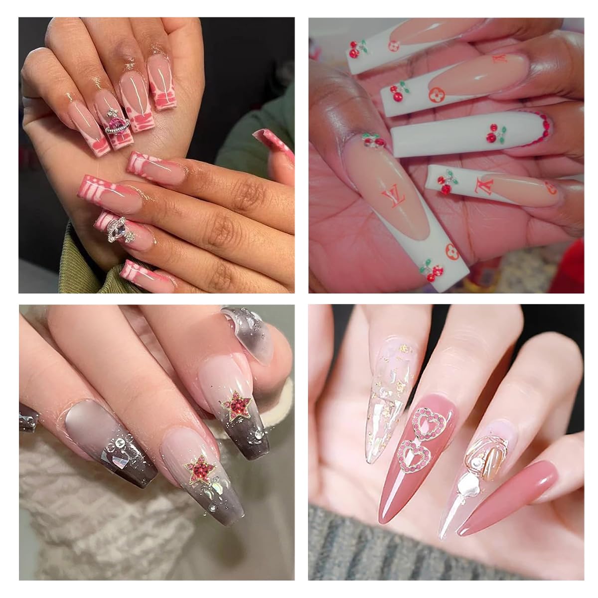 60Pcs Nail Charms Rhinestone Red Pink Cherry Nail Art Gems Star Heart Planet Nail Jewelry Decorations Saturn Shape Acrylic Nail Accessories for Women Girl DIY Crafts Supplies