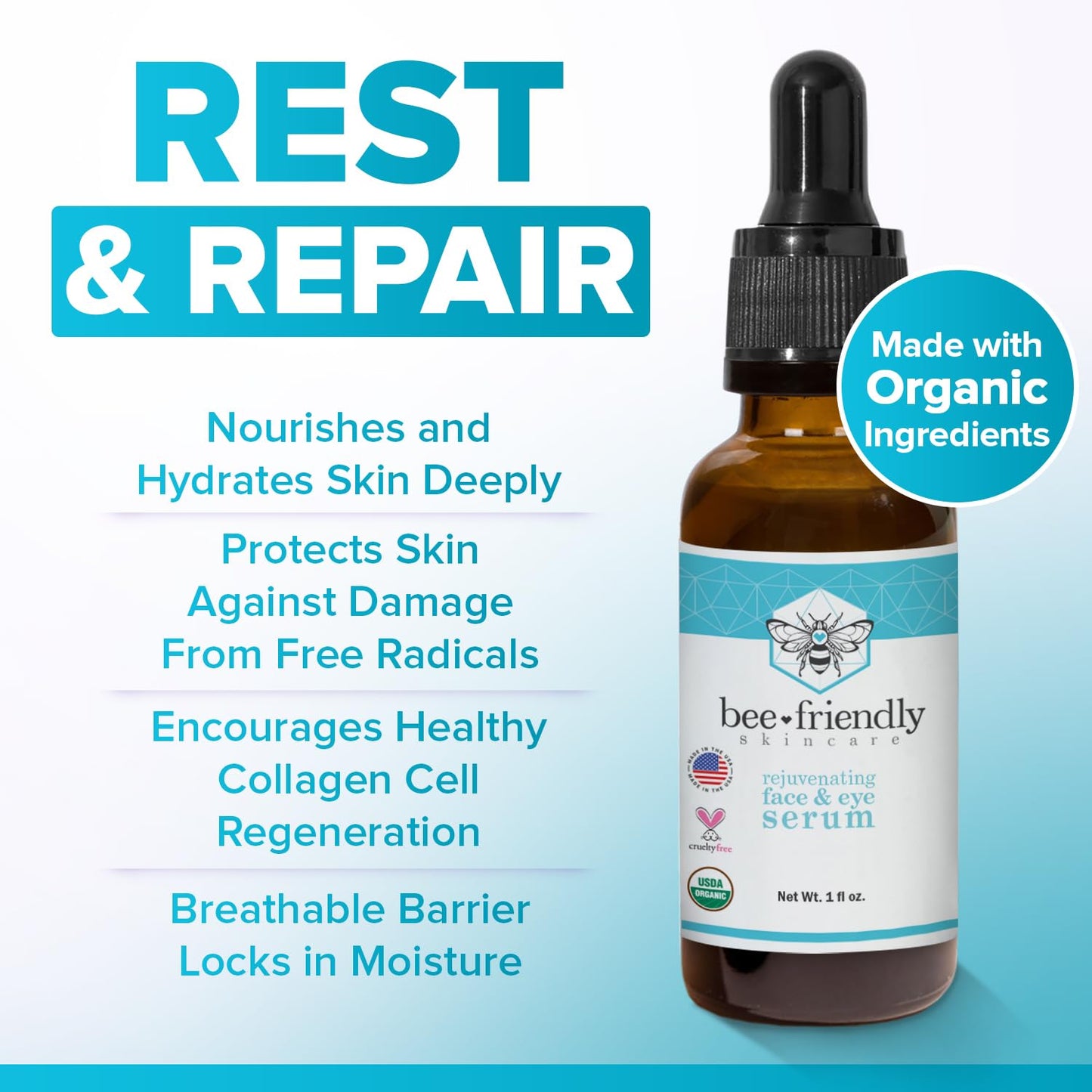 Organic Face & Eye Serum By BeeFriendly, Deep Hydration, Nourishes, Tightens, and Firms Facial Skin, and Lifts Facial Skin USDA Certified & All Natural Serum for Face, Women or Men, 1 oz