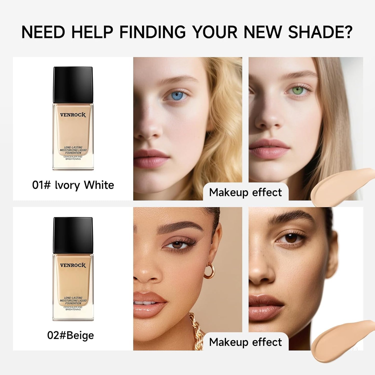 VENROCK 24HR Long-Lasting Moisturizing Liquid Foundation | Radiant, Waterproof, Concealing & Oil-Control (02# Beige, 30ml)