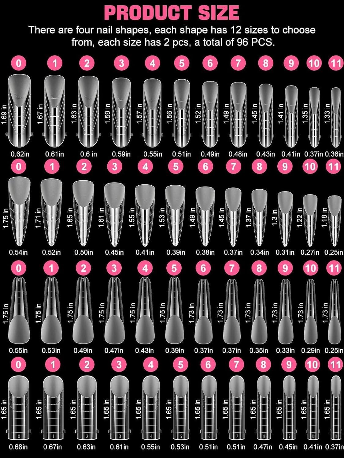 EBANKU Poly Gel Nail Forms 96PCS Clear Matte Dual Nail Forms Polygel Full Cover Nail Mold for Acrylic Nail Extension 12 Sizes 4 Styles Poly Gel Nail Art Salon Nails