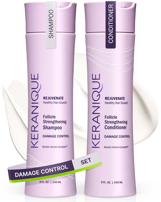 Keranique Shampoo and Conditioner for Damaged Hair - Anti-Breakage, Damage Control Set for Thinning Hair - Intense Repair, Deep Conditioning, Anti-Hairfall Routine w/Keratin - Great for Colored Hair