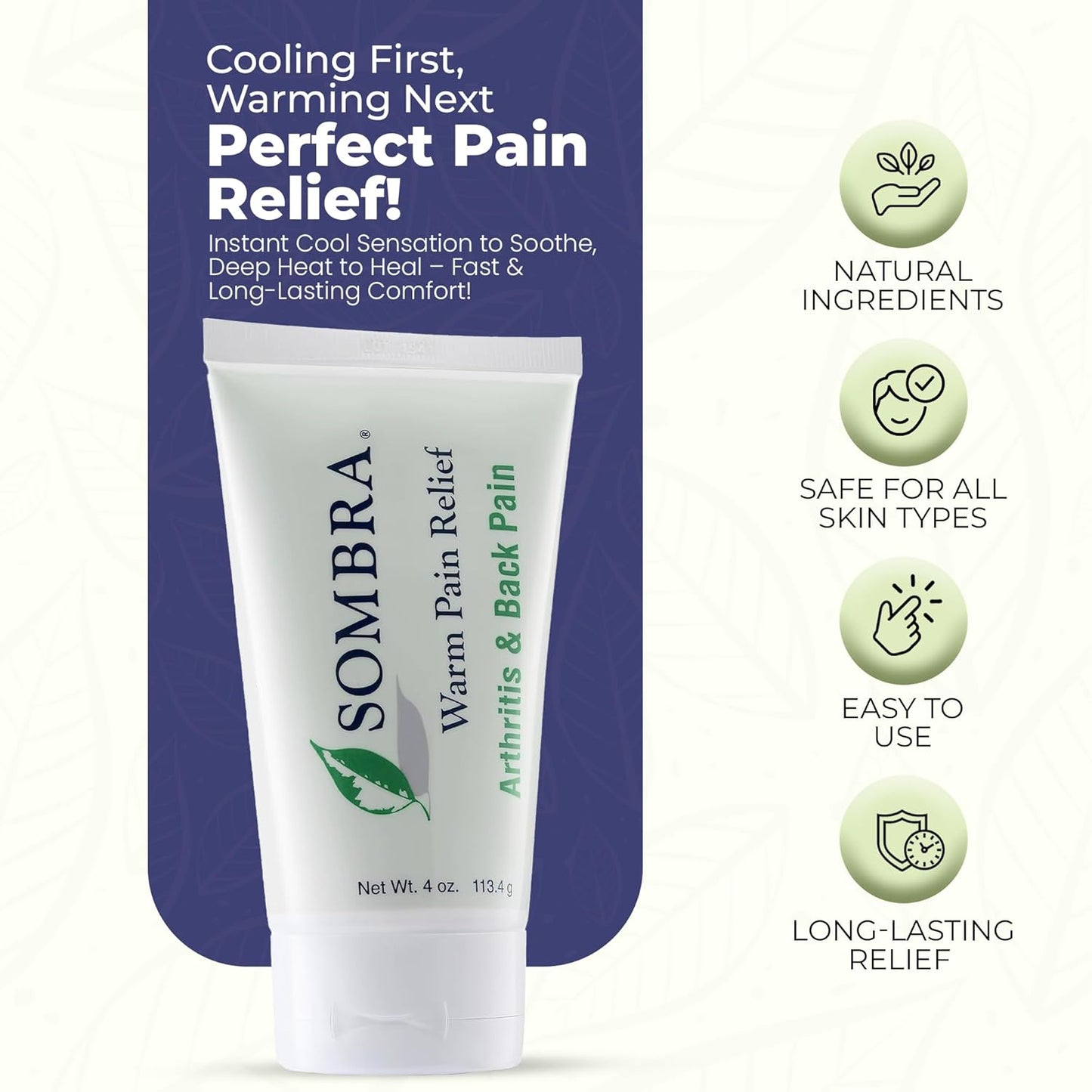 Sombra Warm Pain Relief Gel, Warm Relief for Arthritis and Chronic Pain Pre-Workout Muscle Rub Vegan Formula Free of Artificial Fragrances, Dyes, NSAIDs, Wax, Petroleum, Alcohol - 4oz Tube