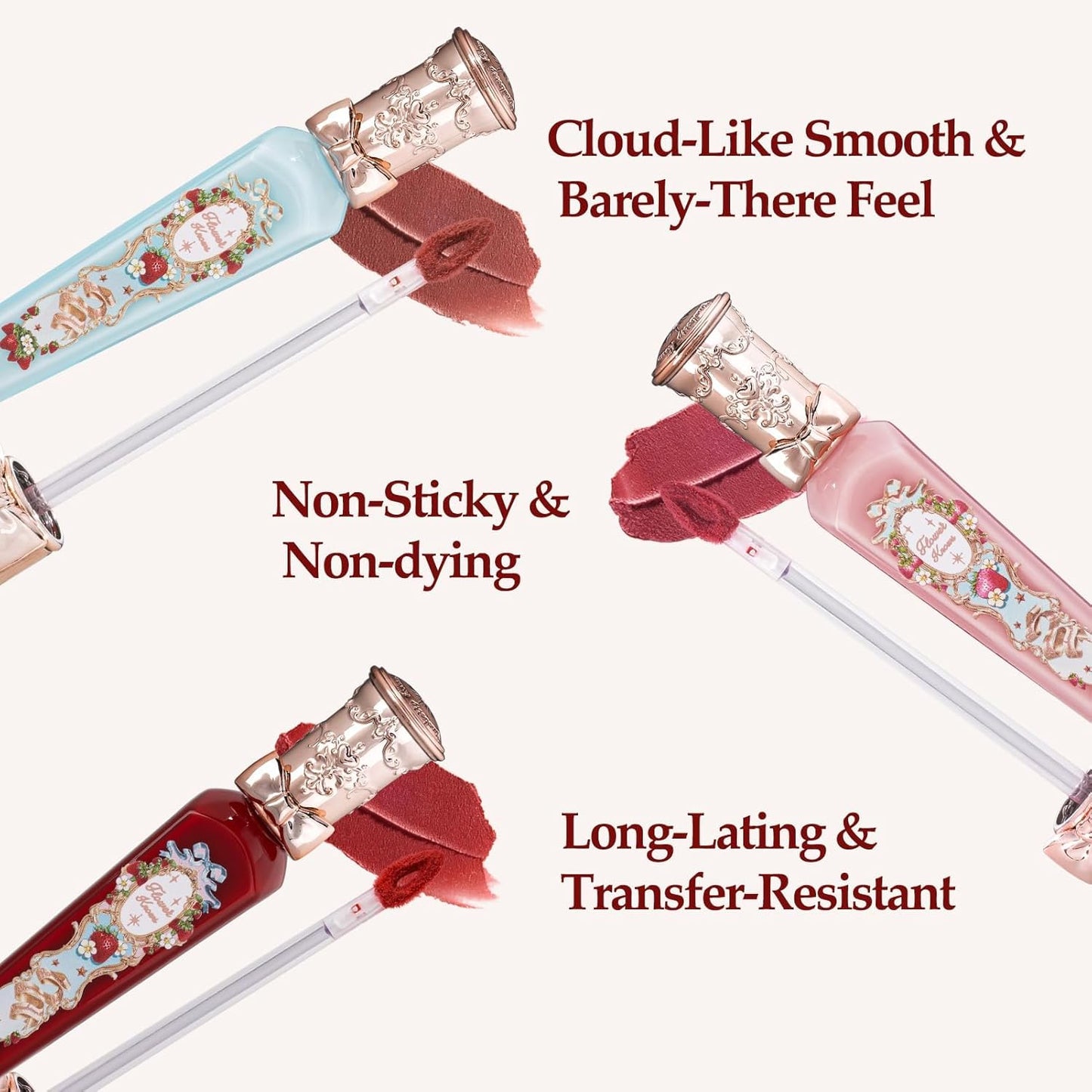 Flower Knows Strawberry Cupid Cake Lip Cream 3-Piece Set,V03+V06+V07 with Canvas Tote Bag & Hair Clip,Velvety Matte Liquid Lipsticks,Moisturizing Long Lasting Lip Stain for Girls & Wome