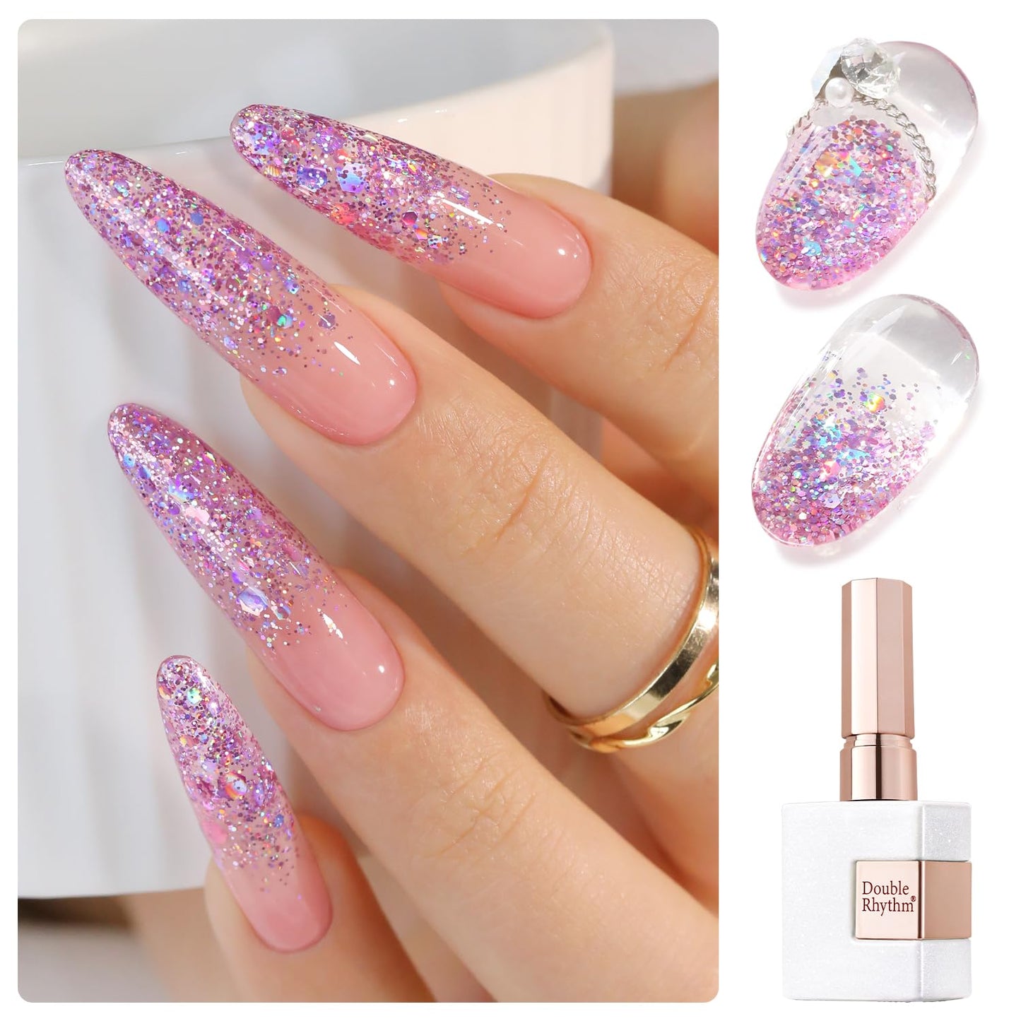 Double Rhythm 0.5Oz Glitter Gel Polish Shimmer Reflective Color for Nail Art Salon DIY Soak Off 15ml Nail Lamp Gel Polish at Home (Rainbow Rose-B1008)