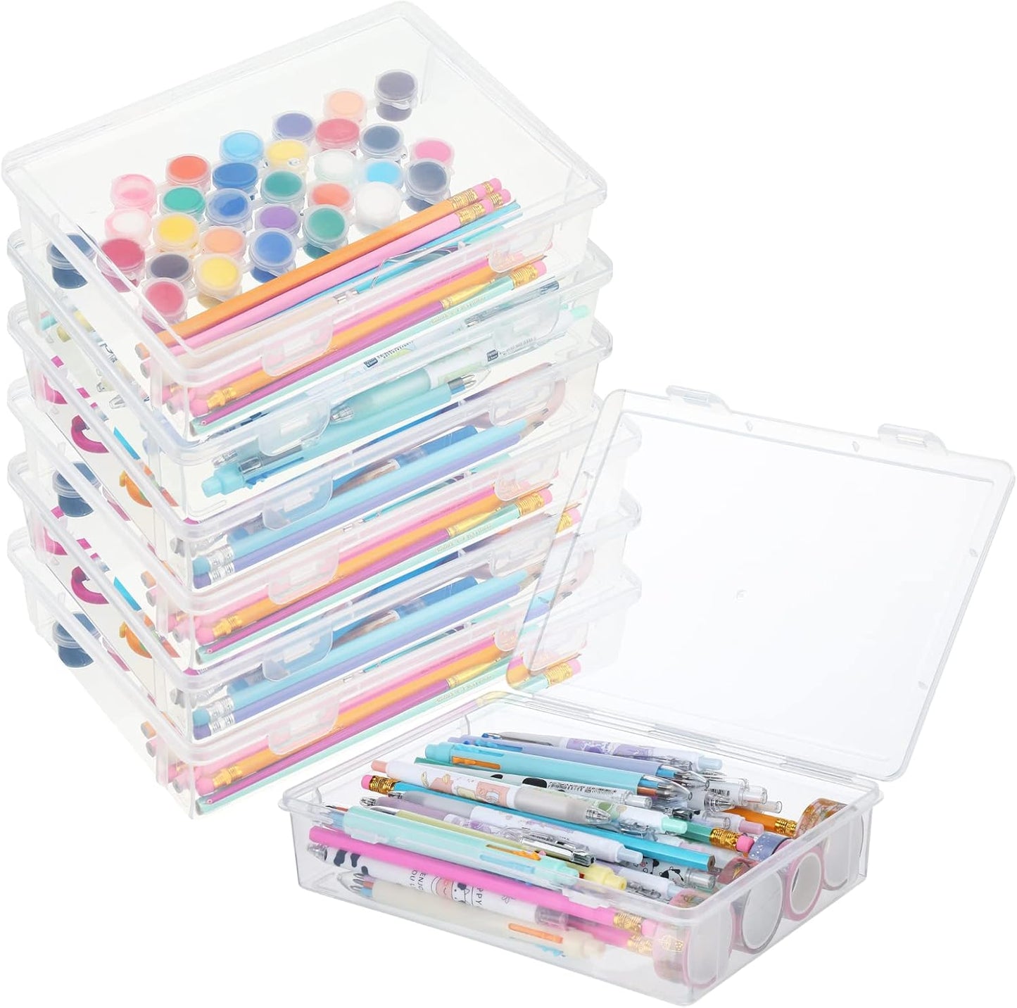 Qunclay 6 Pcs 13'' X 9'' X 2'' Plastic Storage Box with Lid Multipurpose Craft Organizers Plastic Containers Clear Pencil Case Art Satchel Storage Case for Beads Ornaments Crafts Accessories