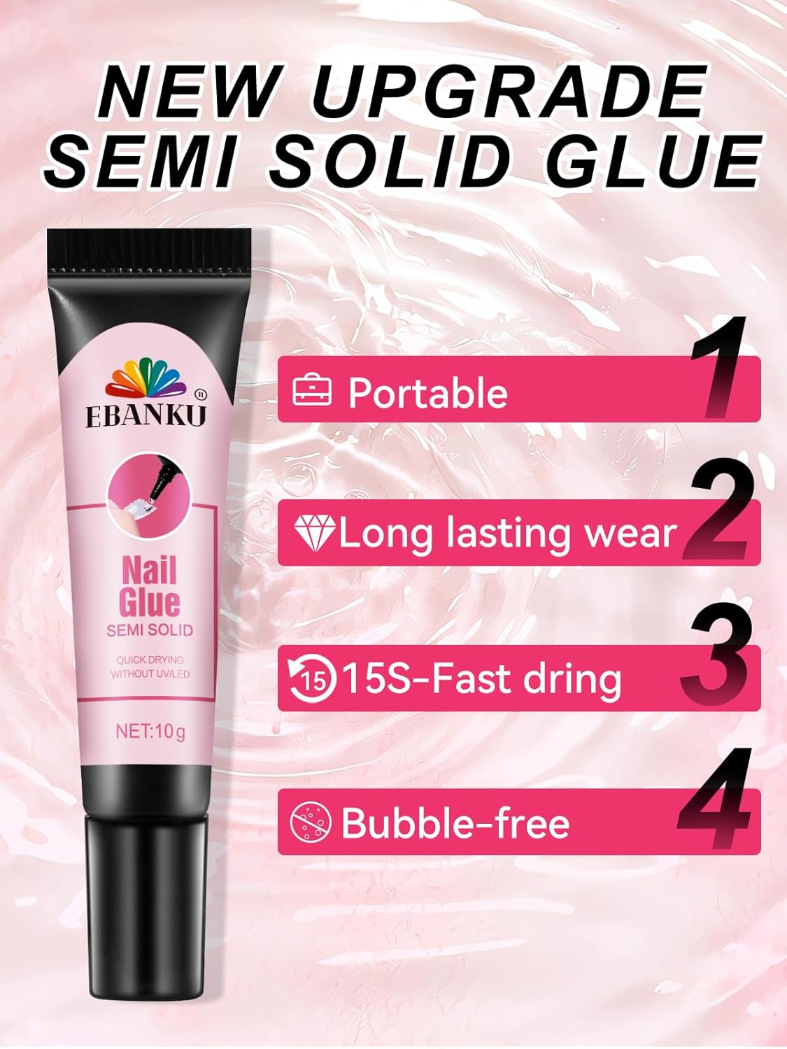 3PCS Quick Drying Solid Nail Glue for Press ons, EBANKU 30g Super Strong Glue Semi Solid Nail Gel Long Lasting Gel (No UV Lamp Needed)