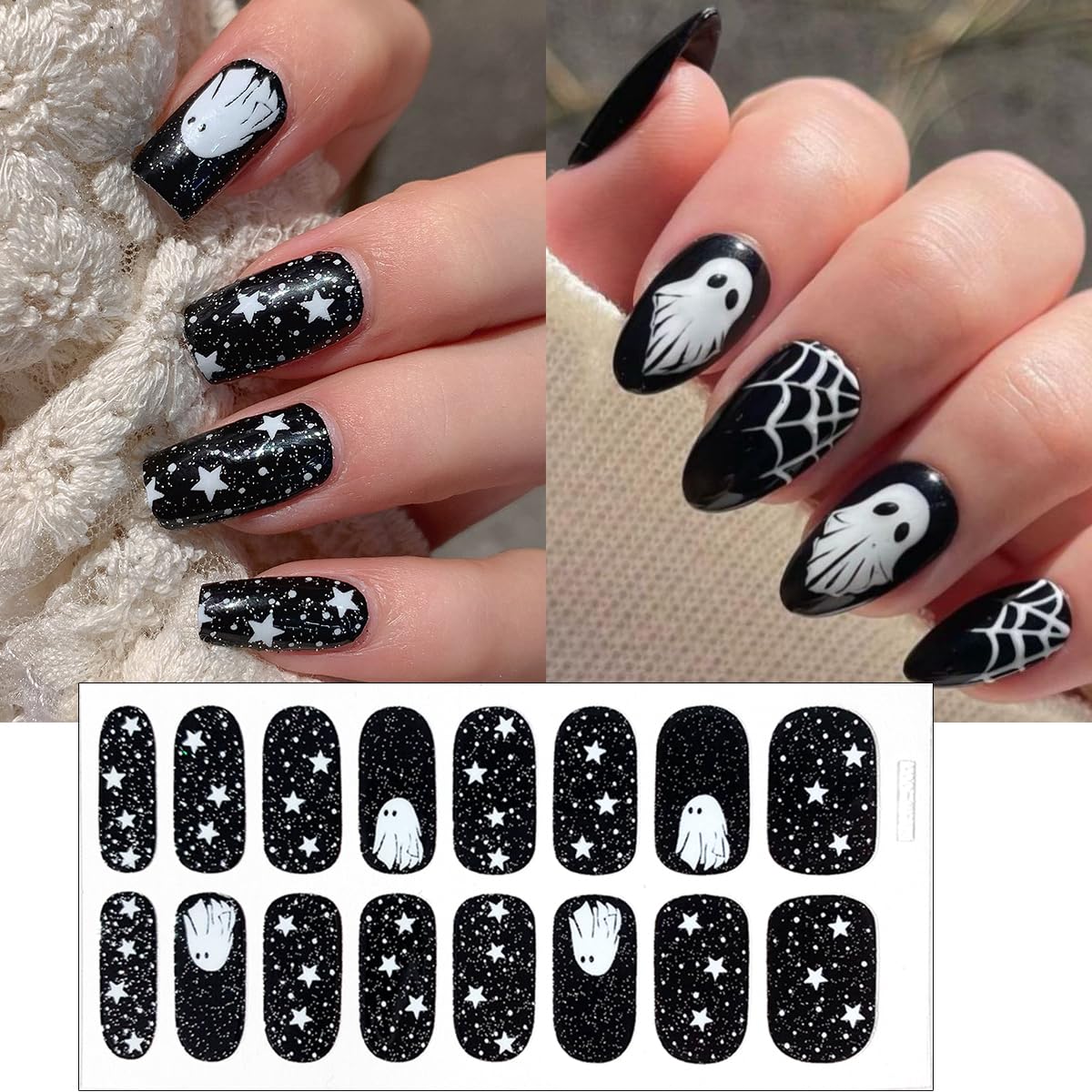 Halloween Ghost Gel Nail Strips - Cute Pumpkin Polish With Orange Black Spider Web, Star Moon Design - Full Wrap Stickers for Women Girl Nail Supplies 4Pcs