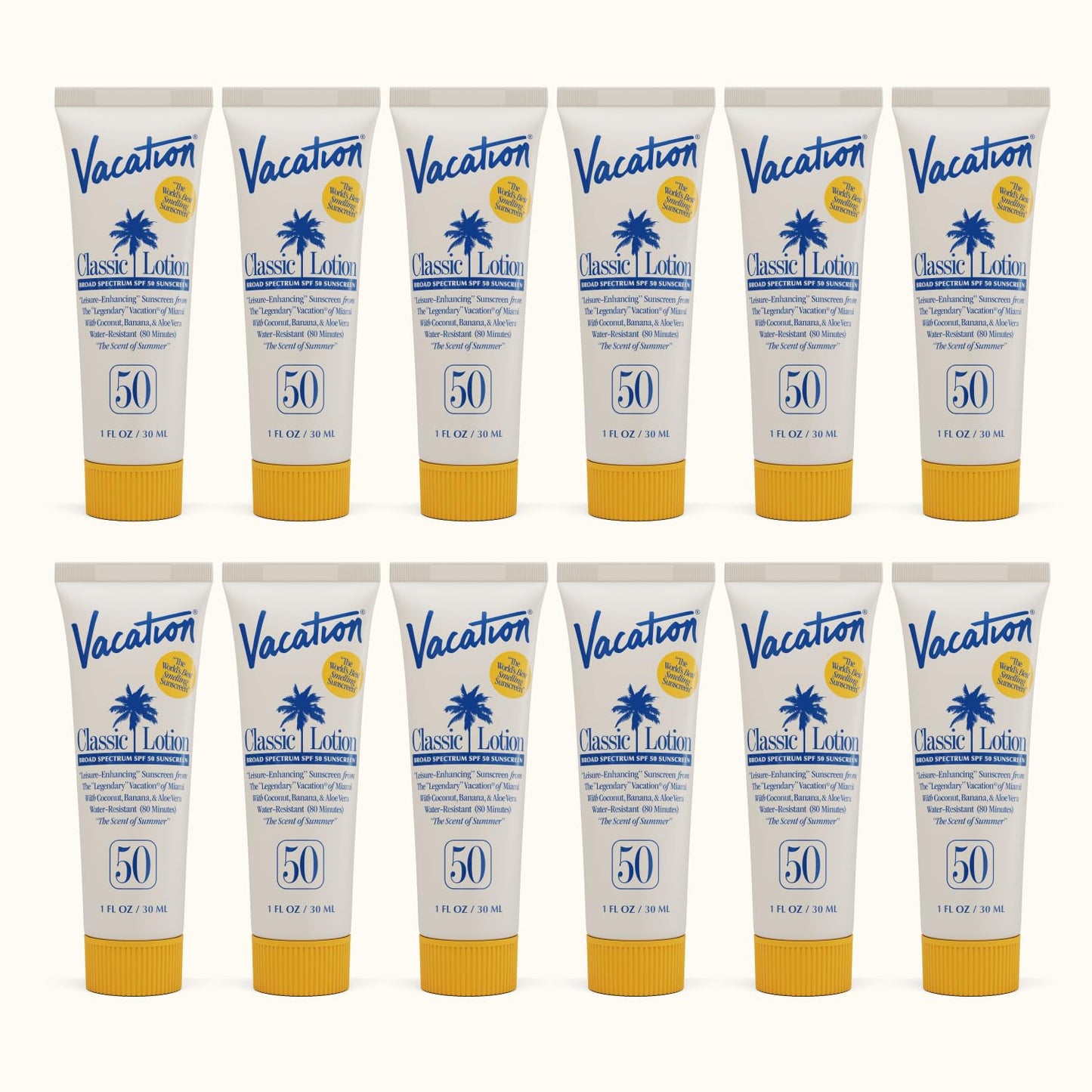 Vacation Mini Classic Lotion SPF 50, Water-Resistant, Mini Sunscreen Bulk Party Favor, Beach Must Haves, Traveling Essentials, Suntan Lotion Travel Size, 1 Fl. Oz. (Value Pack of 12)