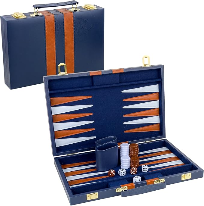 Backgammon Set 2 Players Classic Backgammon Sets for Adults Board Game with PU Leather Case Portable and Travel Backgammon Set (Navy, 15inch)
