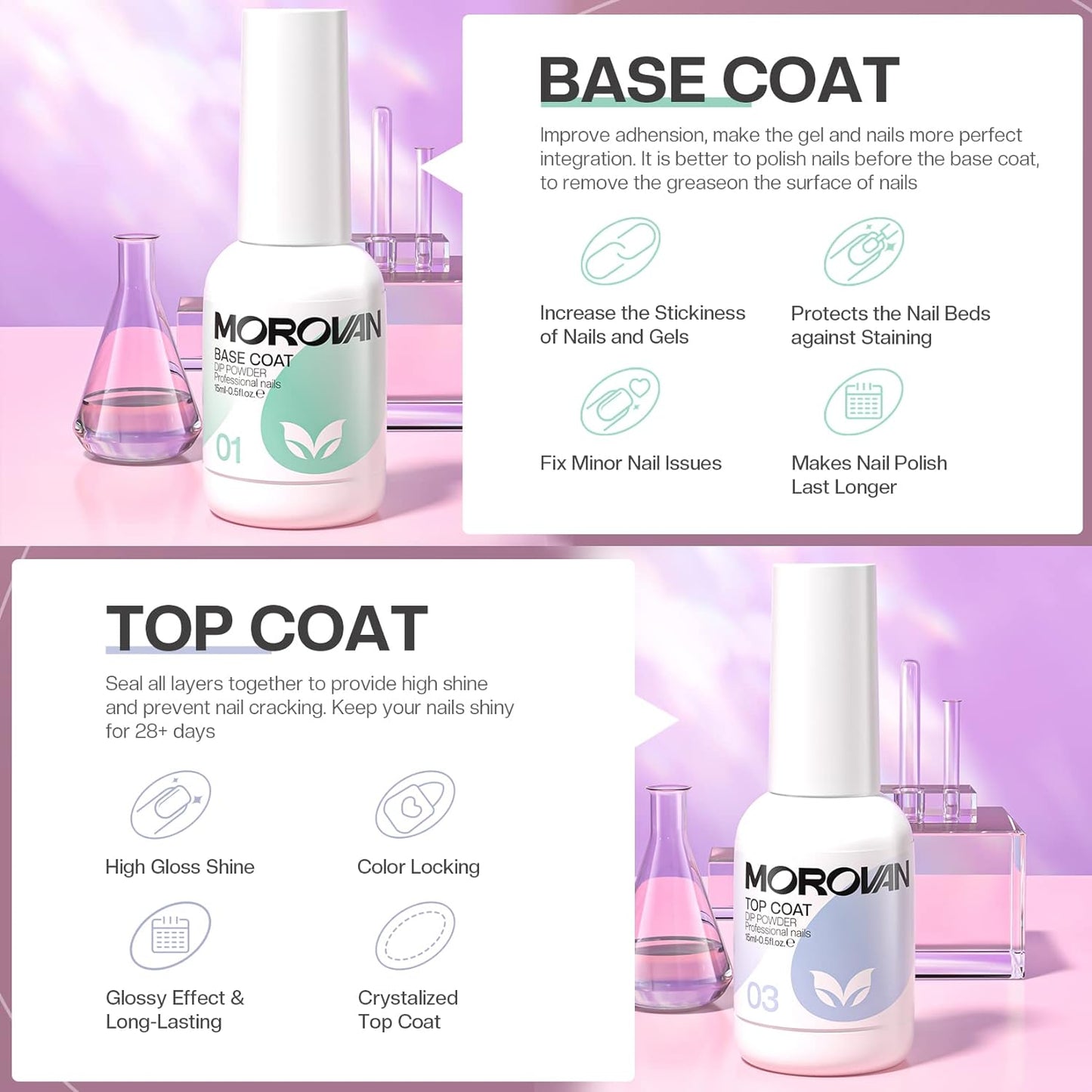 Morovan Dip Powder Liquid Set with Activator Base Top Coat and Dipping Powder Brush Saver 4pcs 0.5oz for Dip Powder Nail Kit