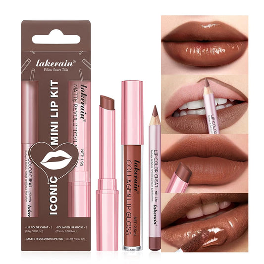 3PCS Lip Liner and Lipstick Combo Set - Matte Lip Liner Pencil, Velvet Matte Lipstick & Hydrating Collagen Lip Gloss - Long-Lasting, Smudge-Proof, High Pigment Nude Brown Lip Makeup Kit (Set 4, 3)