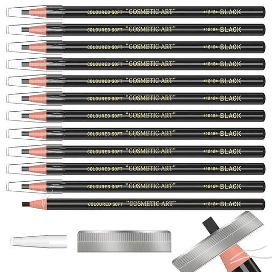 12 Piece Black Colour Waterproof Eyebrows Pencil Tattoo Makeup And Microblading Supplies Kit-Permanent Eye Brow Liners In Waterproof Eyebrow Pencils Peel - Brow Pencil Set For Marking(12 Pcs)