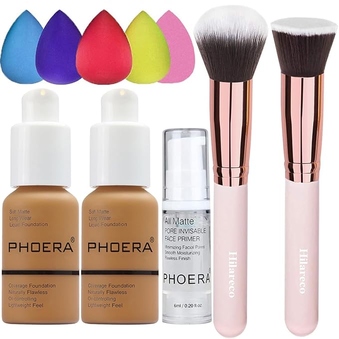 PHOERA Foundation Makeup for Wome Full Coverage Foundation Set,Face Primer Foundation Brush Powder Brush,5 Makeup Sponge,30ml PHOERA 24HR Matte Oil Control Concealer (111 Chestnut)