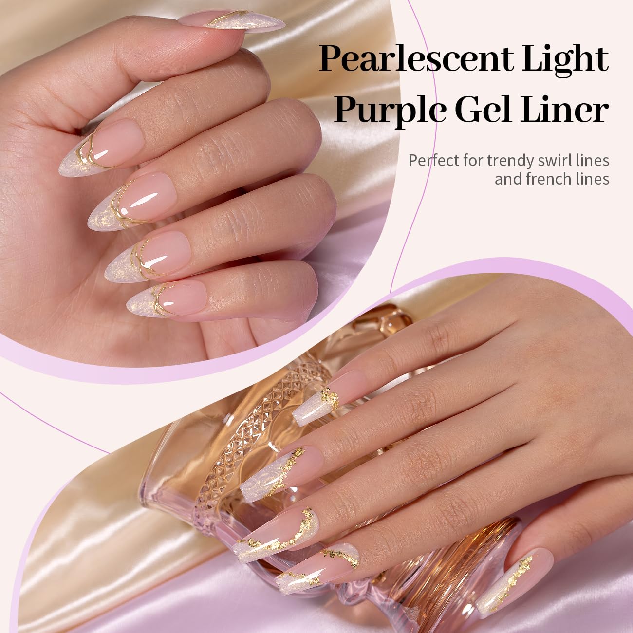 RARJSM Pearl Gold Gel Liner Nail Art Pearlescent Milky Light Purple White Golden Shell Glitter Swirl Effect Gel Nail Polish 8ml Build in Thin Brush Painted Drawing Striper Gelpolish Curing Requires