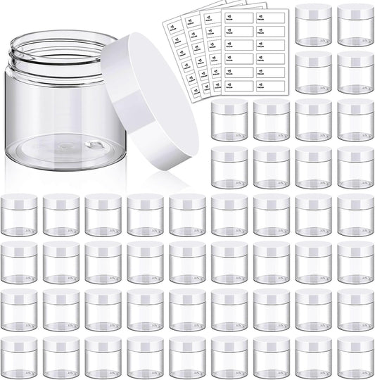 TUZAZO 48 Pack 2 Oz Small Plastic Container Jars with Lids and Labels BPA Free, Empty Round Clear Cosmetic Containers Plastic Slime Jars for Lotion, Cream, Ointments, Samples, Travel Storage (48)