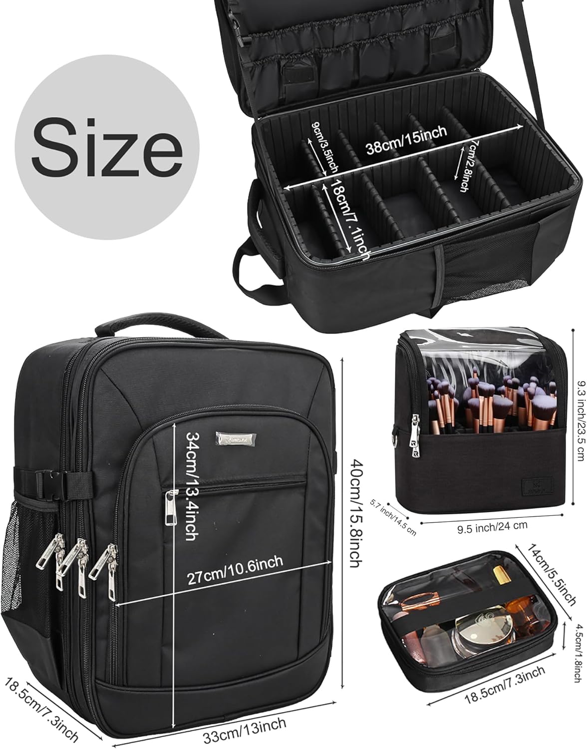 Makeup Backpack Makeup Artist Bag Professional Extra Large Cosmetic Bags Travel Train Case Storage Organizer Double-Layer Cosmetic Case with 4 Pouch and Brush Organizer (Black, two piece)