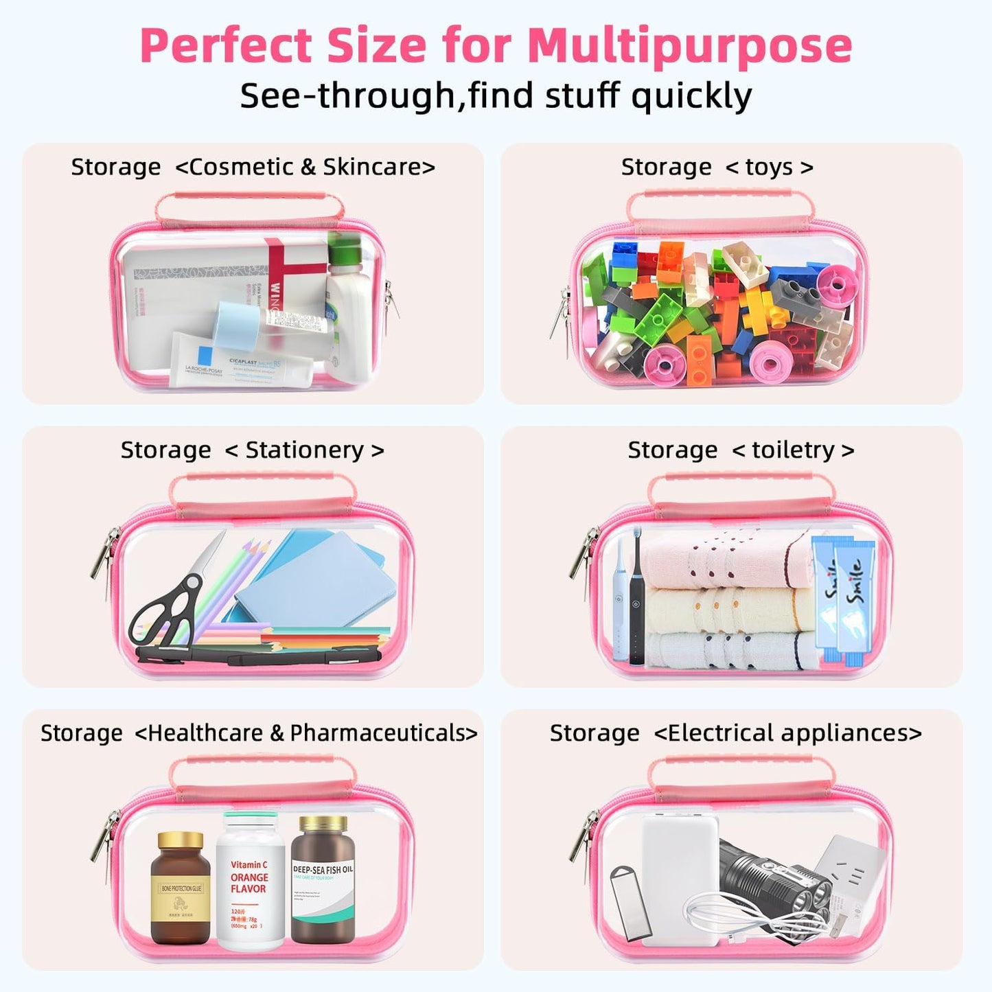 SameTech Zippered Hard Pouch, 2pcs Clear Plastic Storage Box Containers Small Toiletry Bag, Clear Hard Zipper Case for Small Items, Toys, Building Blocks, Puzzles, Cosmetics, Stationery Accessories