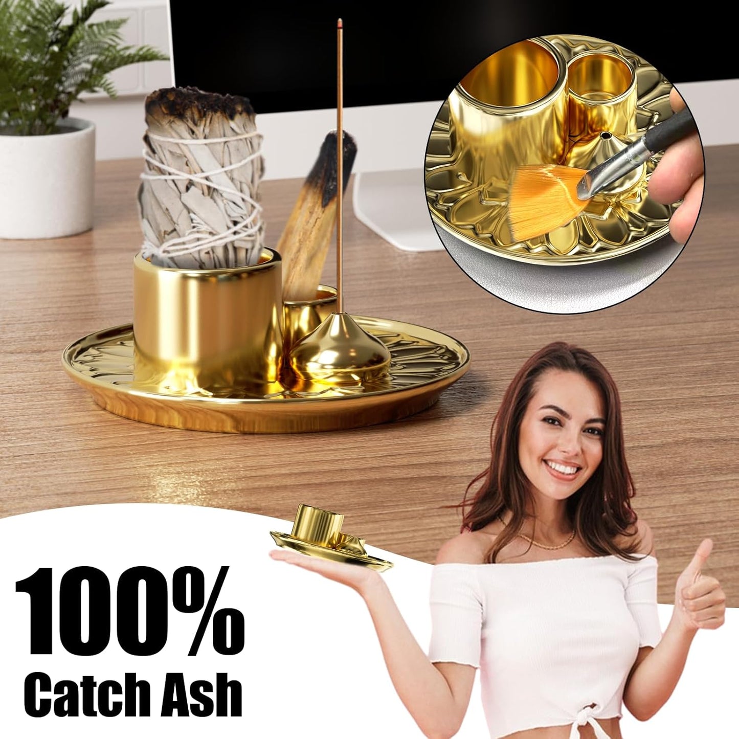 Palo Santo Holder - 4 in 1 Incense & Candle Holder - Ceramic Incense Holder Ash Catcher Tray for Meditation Room - Easy to Clean (Gold)