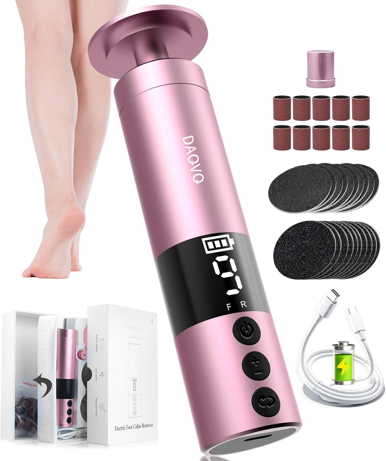 2 in 1 Electric Foot Callus Remover, USB Rechargeable Electric Foot File Grinder with 80/120 Grit Sandpaper Discs and Digital Display, Wireless Aluminum Pedicure Tools for Feet,Nail Care,Dead Skin