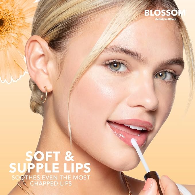 Blossom Moisturizing and Hydrating Shimmer Sparkle Lip Oil with Olive Oil + Grape Seed Oil, Infused with Real Flowers, 3g, Mango