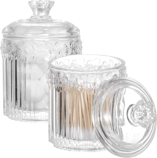 2 Pack Qtip Holder Glass Apothecary Jars with Lids Bathroom Accessories Vanity Organizers and Makeup Storage Canister for Cotton Swabs, Balls, Pads, Floss Picks, Candy, Clear