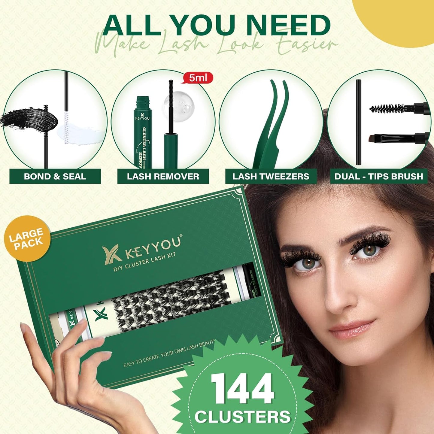 DIY Lash Extension Kit KEYYOU 144pcs Lash Clusters Eyelash Extension Kit with Mascara Brush Bond and Seal Lash Glue Remover Lash Applicators Lash Brush for DIY Lash Extensions (Y24 KIT)