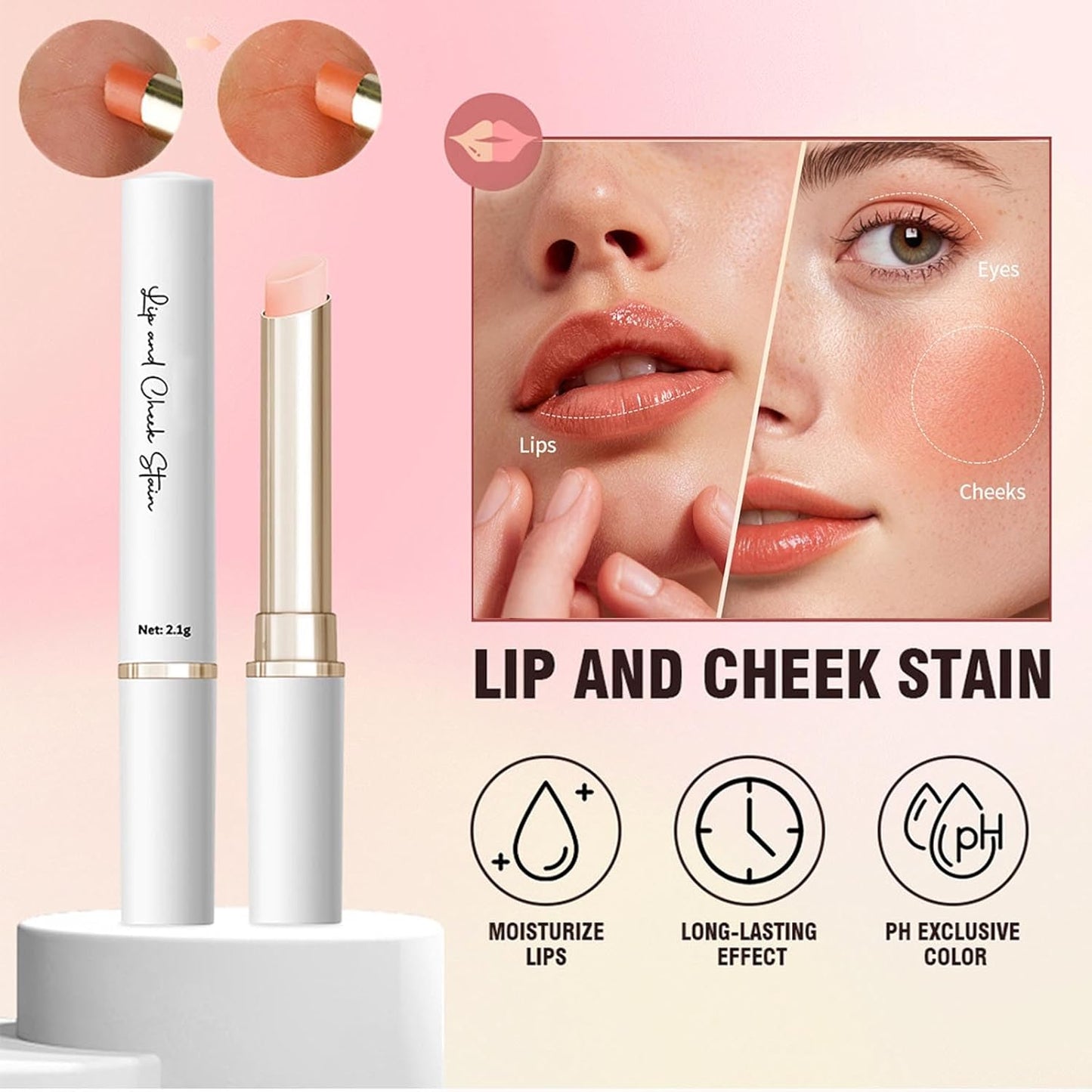 4Colors Lip and Cheek Tint Stain,PH-Activated Color Changing Lipstick,Long Lasting Hydrating Tinted Lip Balm Sheer Lightweight Formula Pink Red Lip Makeup Lipstick Makeup for Women