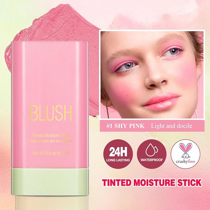 Blush Stick, Cream Blush Stick for Cheeks & Lips, Blendable Long-Lasting Multi-Use Contour Stick & Highlighter Makeup (#1 SHY PINK)