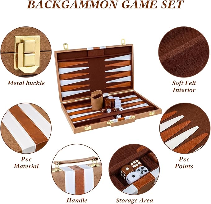 Backgammon Set 2 Players Classic Backgammon Sets for Adults Board Game with PU Leather Case Portable and Travel Backgammon Set (Retro Brown, 18inch)