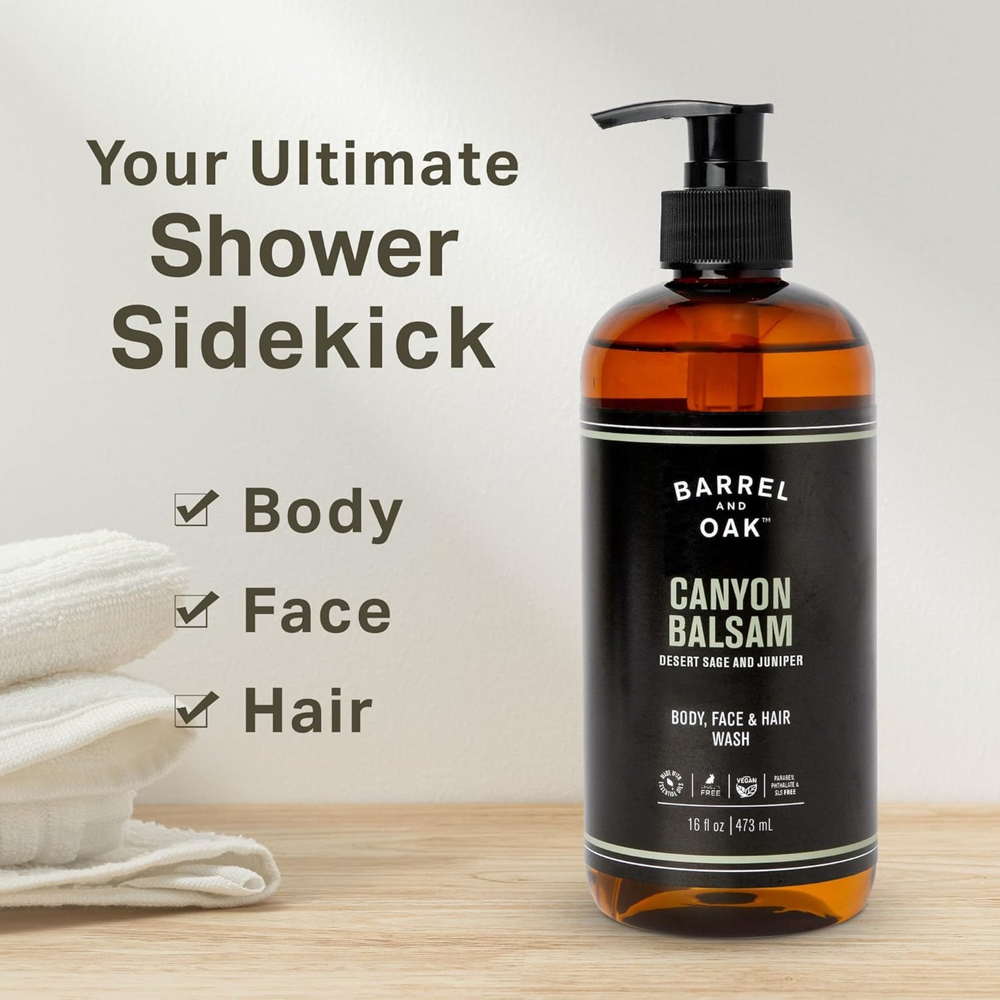 Barrel & Oak All-in-One Wash for Face, Hair, & Body, Vegan & Hydrating Face, Shampoo and Body Wash for Men, Grooming Kit Gifts for Men, Canyon Balsam, 16 oz