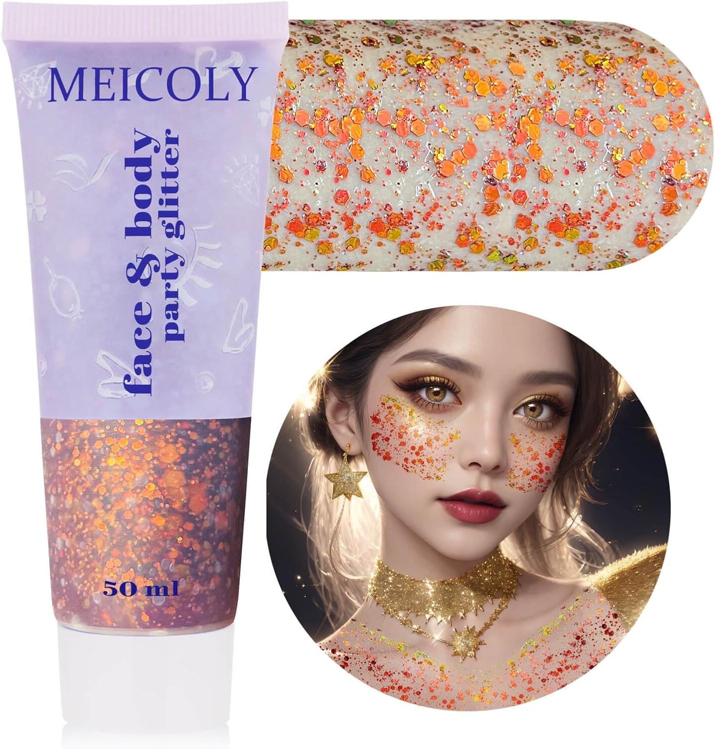 MEICOLY Chameleon Sunset Red Body Glitter,Chunky Glitter Paint,Color Changing Mermaid Face Glitter Gel,Holographic Glitter Sequin for Face Body Hair,Halloween Festival Party Glitter Makeup,50ml