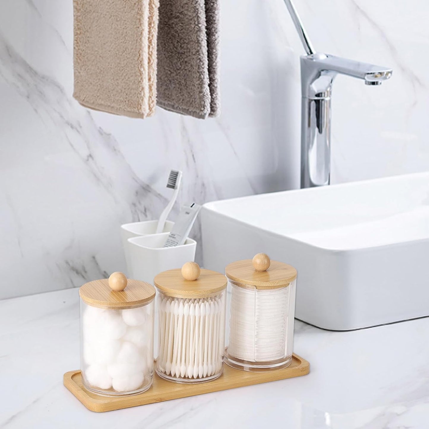 Tbestmax 10 oz Qtip Holder with Vanity Tray, 3 Pack Cotton Swab/Ball/Pad Dispenser Apothecary Jar, Clear Bathroom Containers Dispenser for Storage Bamboo Lids