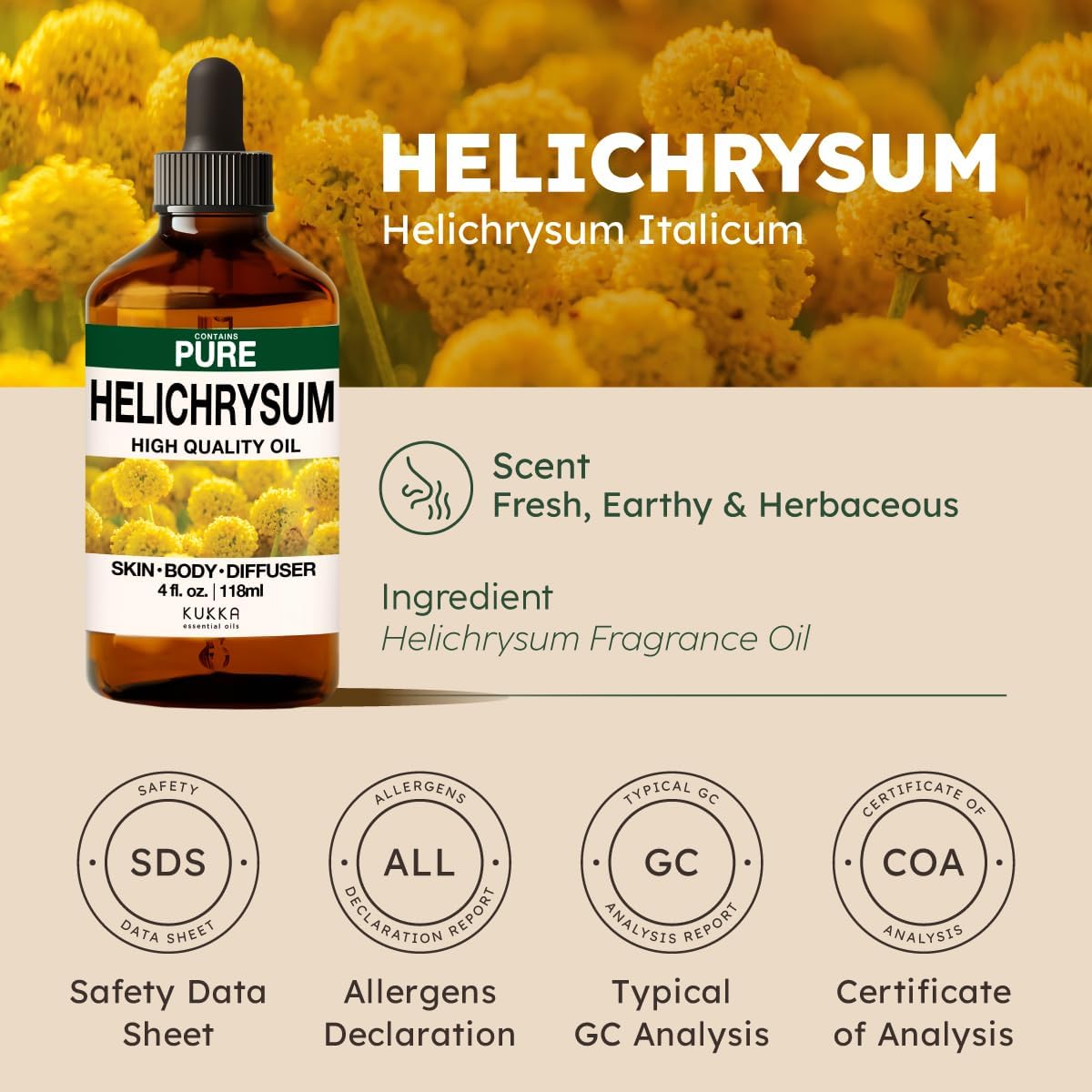 Kukka Helichrysum Essential Oil for Skin, Relaxation - 4 Fl Oz - Helichrysum Essential Oil for Aromatherapy, Skin Care, Home Diffusers, DIY Soap Making Scents